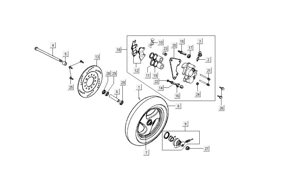 Ruota anteriore - Pinza - Pastiglie freno - Disco freno Kymco Super9 50 2 tempi AC nuovo modello argento - nero