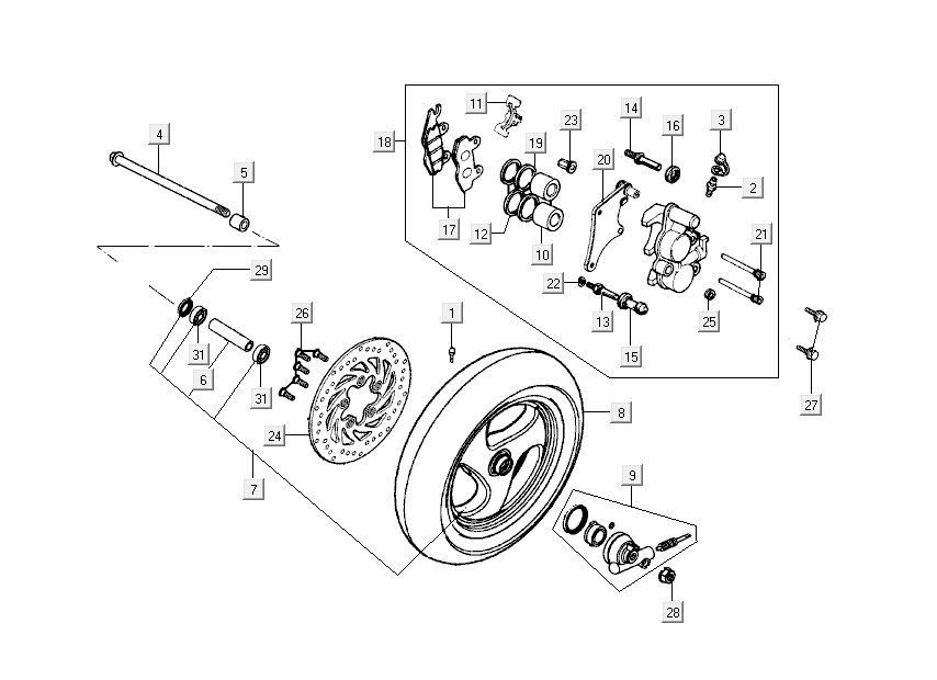 Ruota anteriore - Pinza freno - Pastiglie freno - Disco freno Kymco New Dink 4 tempi nero metallizzato