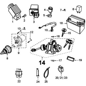 Parti elettriche - Bendix - Motorino di avviamento - Batteria Peugeot Kisbee Euro 4 2018 → Parte elettrica-Peugeot-Kisbee-Orange