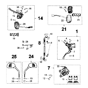 Pinza freno - Pastiglie freno - Tubo freno - Leve freno - Specchietti AJP Peugeot Ludix 14 neri
